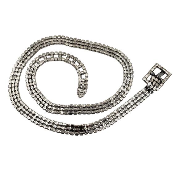 Skinny Rhinestone Belt 28 1/2" Clear Crystals Silver Tone Buckle Vintage 50s - Picture 5 of 9